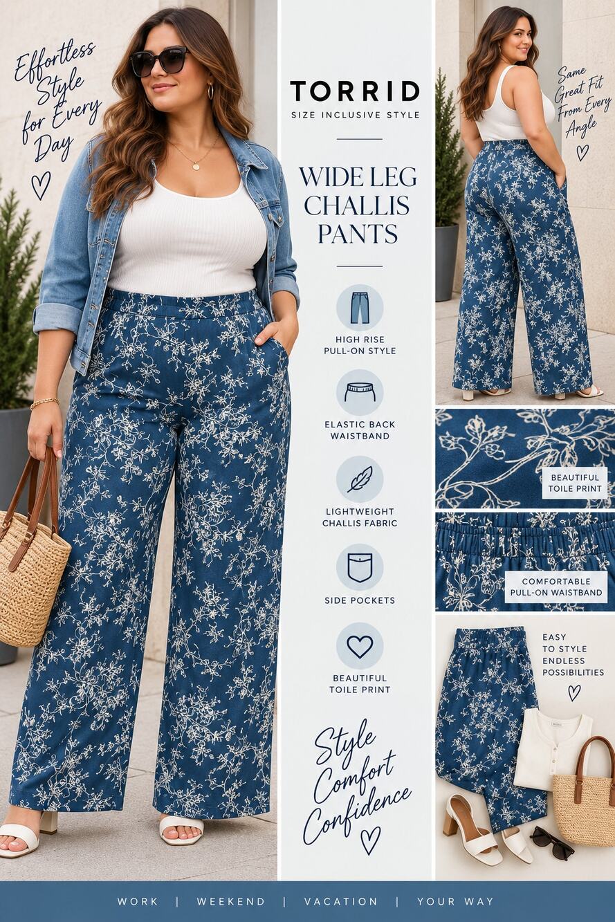 Torrid Classic Toile Wide Leg Pants 3R Blue Floral High Rise Pull On NWT